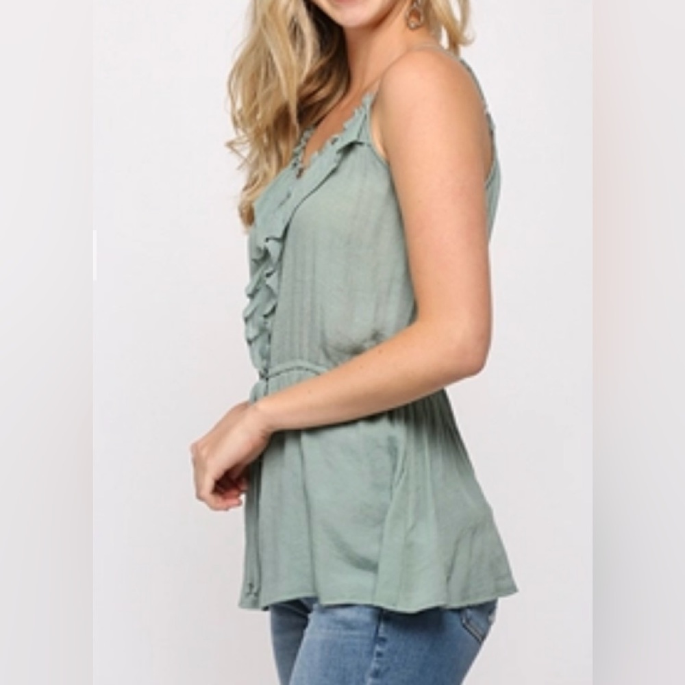 Solid Textured and Button Detail Ruffle Cami Top - Picture 2 of 5